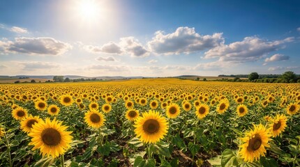 Fototapeta premium Vibrant Sunflower Field, Nature Landscape, Sunny Day, Scenic View, Outdoor Photography
