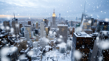 Snowfall New York cityscape skyline winter evening with soft cinematic flakes
