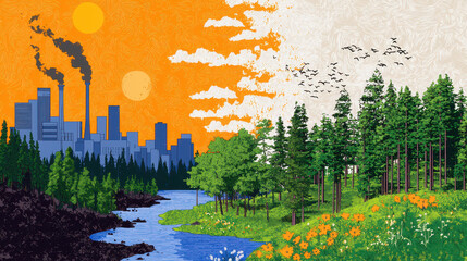 Vibrant illustration contrasting industrial pollution with serene natural landscape, showcasing impact of human activity on environment