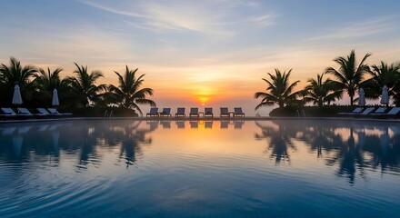 Obraz premium Tranquil poolside sunrise scene reflects peaceful morning light.