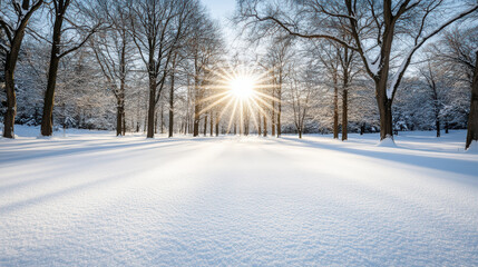 Snowy tree winter sunrise sunburst snow field bare tree cold morning long shadow tranquil park
