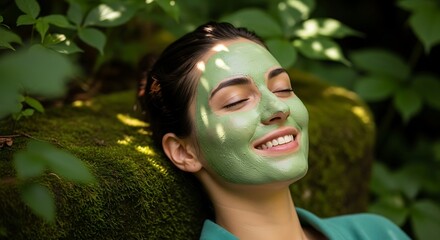 A woman rests outdoors, a serene expression on her face, adorned with a soothing green facial mask against a backdrop of lush greenery.