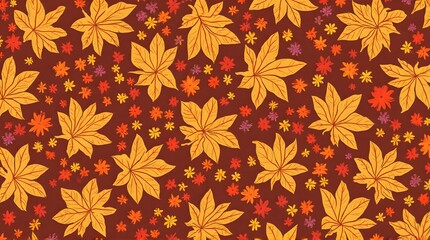 A seamless autumn pattern featuring various yellow, orange, and red leaves scattered across a dark brown background, creating a vibrant fall design.