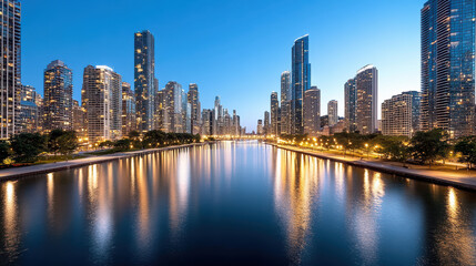 Naklejka premium Twilight city skyline river reflection calm blue hour with illuminated highrise buildings