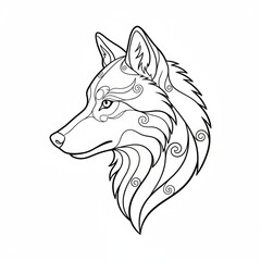 Beautiful Decorative Wolf Head with Intricate Swirls Line Art Illustration