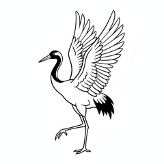 Majestic Red-Crowned Crane Drawing With Wings Open and One Leg Raised