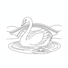 A graceful swan glides peacefully on calm waters with a beautiful lotus bloom