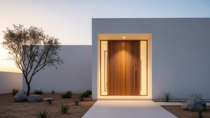 Minimalist desert home entrance with warm illuminated wooden door and subtle twilight