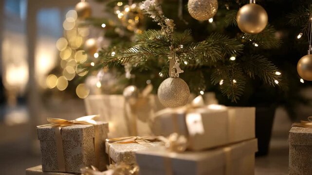 Festive Presents: a meticulously decorated Christmas tree adorned with ornaments and bright lights, with gifts underneath that enhance the enchanting Christmas atmosphere. 
