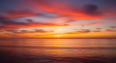 Obraz premium A breathtaking sunset paints the tranquil ocean with vibrant hues of orange, pink, and purple, showcasing a serene and peaceful scene.
