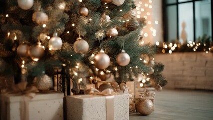 Festive Presents: Capture the essence of holiday cheer with a close-up shot of a decorated tree surrounded by gifts, radiating warmth and merriment.