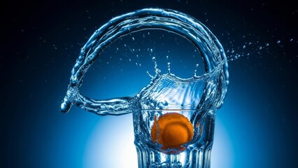 High-Speed Splash Photography of Orange Dropped in Water with Dramatic Motion, Fluid Dynamics, Clear Glass, Dark Background, and Perfect Timing