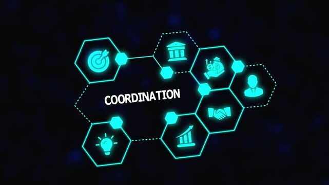 Coordination concept with digital hexagon network, teamwork, business alignment, process management and connected technology interface.