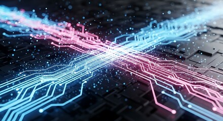 Intricate circuit board design, illuminated with vibrant blue and pink glowing lines, showcasing complex digital pathways and technological advancements.