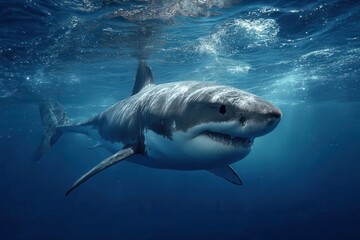 Fototapeta premium Realistic depiction of a shark swimming gracefully in clear blue waters, showcasing its powerful physique and striking features