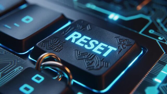 Close Up of a Finger Pressing a Glowing Blue RESET Button on a Futuristic Digital Keyboard with Circuitry Details