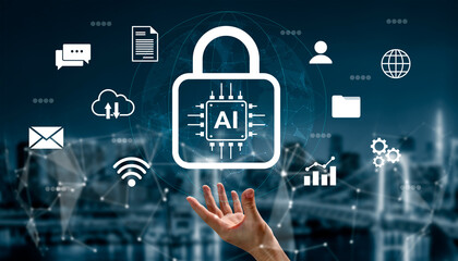 Explore the concept of cybersecurity in the digital age with this image featuring a secure lock symbol, AI graphics, and diverse digital icons representing data management themes. Gantry