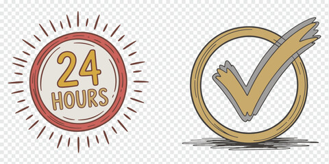 24 Hours Service Badge and Approval Checkmark Sketch Style Icons