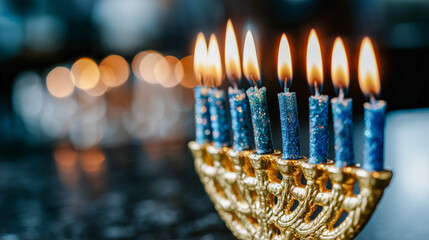 A golden Hanukkah menorah is displayed with all nine blue candles lit, creating a warm glow. The background is softly blurred, emphasizing the festive atmosphere.