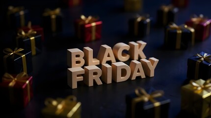 Stunning wooden Black Friday text surrounded by elegantly wrapped gift boxes signaling massive holiday sales promotions