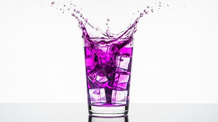Vibrant Purple Drink Splash with Ice Cubes in Clear Glass on White Background &ndash; Dynamic Beverage Photography for Creative Visual Impact
