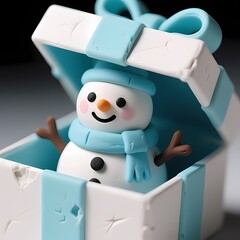 Macro Clay Model Snowman Peeking Out of Gift Box Illustration.