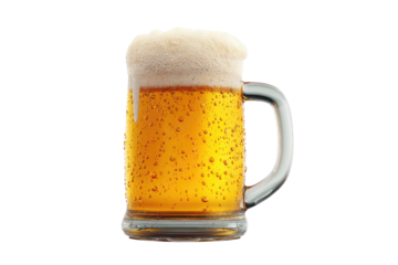 Full glass beer mug, golden liquid, foamy head