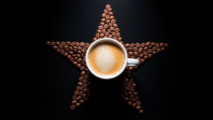 White Coffee Cup in Star-Shaped Coffee Bean Arrangement on Black Background &ndash; Artistic Caffeine Concept for Premium Branding and Visual Appeal