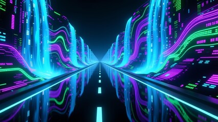 Futuristic neon-lit highway with vibrant digital waves and abstract lights at night