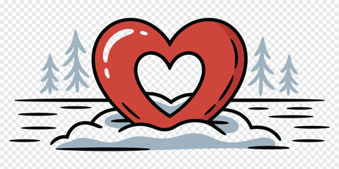 Red heart in snowy landscape with pine trees and footprints, cute winter cartoon illustration.