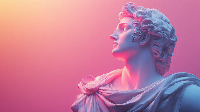 Close-up of a classical marble statue (likely Apollo) illuminated by vibrant pink, purple, and blue neon light. Great for art blogs, history sites, and modern design or aesthetic topics.