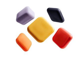 Floating glossy candy squares; purple, orange, gold, red, black
