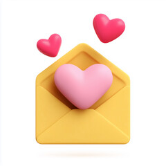 3d illustration of an open yellow envelope with a pink heart inside and floating hearts