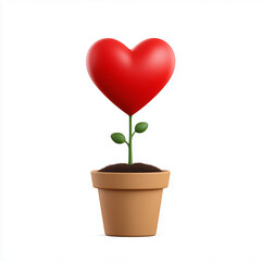 3d illustration of a cute red heart plant growing in a flower pot isolated on white background