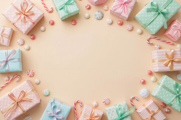 A pastel gift border with mint, pink, and blue boxes and candy canes. Ideal for sweet holiday frame, Christmas aesthetic, and soft feminine party concepts. copy space