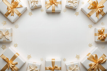 A minimalist frame of white and gold gifts with ribbons and snowflakes on a bright background. elegance Christmas frame, and New Year's celebration concepts. copy space