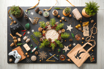 Christmas wreath craft setup with pinecones, greenery, handmade ornaments, and holiday d&eacute;cor essentials&mdash;perfect for DIY projects, festive decorating, and creative flatlay styling.