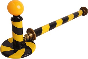 black-yellow striped traffic barrier pole with brass sphere top on white background for urban road safety and construction use