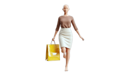 Woman Walking with Shopping Bag on White Background