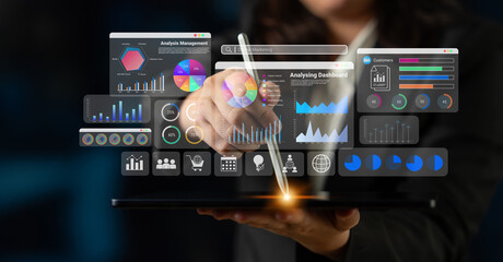 Multiple analytics dashboards with charts and graphs representing marketing data, SEO insights, and performance management Parse