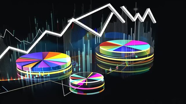 Colorful data visualization with pie charts and line graphs illustrating trends in a digital environment