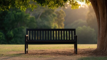 A serene park scene featuring a wooden bench under a large tree, bathed in warm sunlight, providing a perfect spot for relaxation.