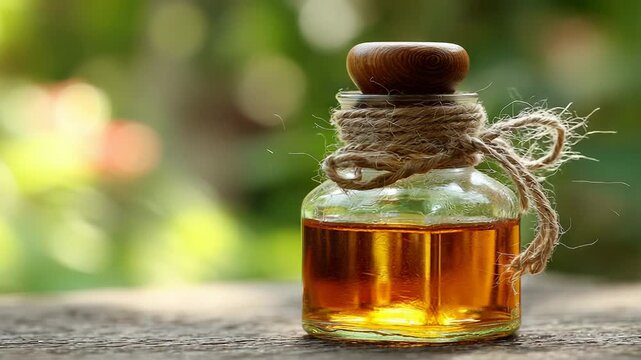 Amber liquid in bottle with twine stopper
