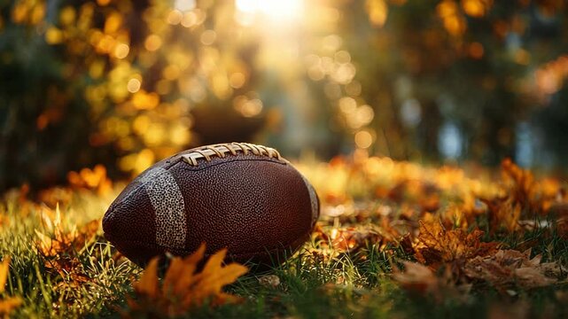 Football resting on autumn leaves in sunlight