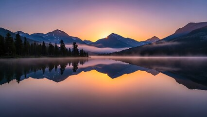 Obraz premium Peaceful Sunset Lake With Mountain Reflection – Scenic Landscape.