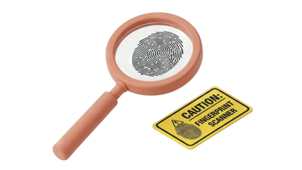 Magnifying Glass Over Fingerprint With Caution Warning Sign Featuring Abstract Pattern In Detailed Close Up Macro Shot On Transparent Background