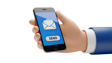 Man in Blue Suit Holding Smartphone with Email Send Icon and Button on Screen Isolated on Transparent Background