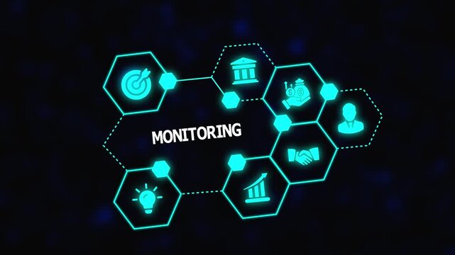 Digital monitoring concept displaying continuous system oversight, performance indicators, and intelligent business technology.