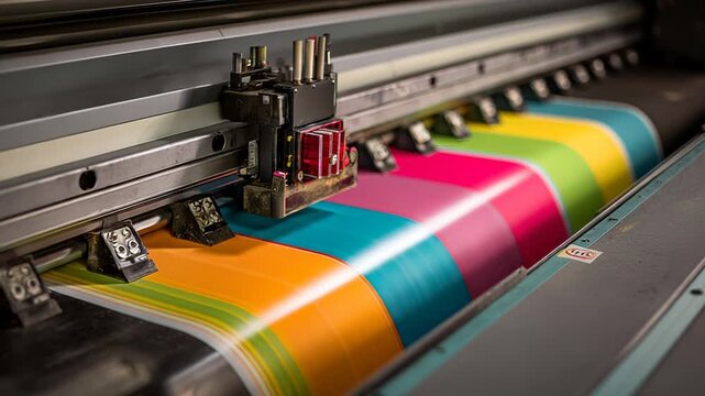Printing process shows colorful ink on paper