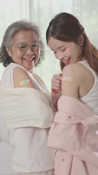 Asian Grandmother and granddaughter smiling and showing colorful adhesive bandage upper arm after vaccination, happy supportive family healthcare moment with warm indoor and natural light